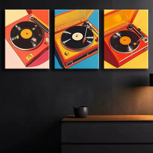 3pcs Vinyl Record Player Retro Style Metal Print Ready to Hang Art