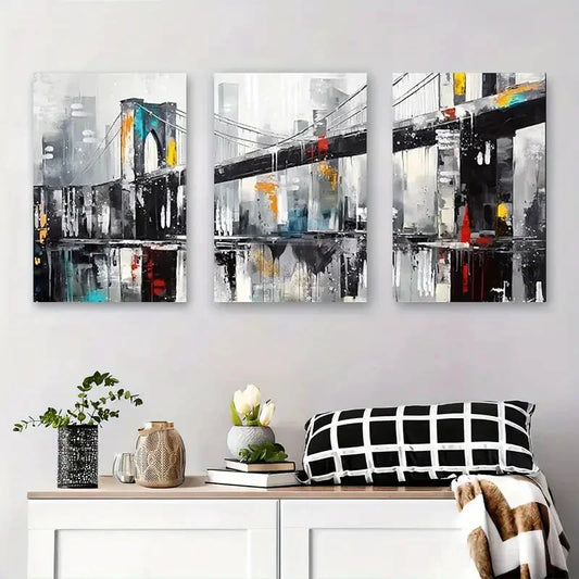 3pcs Brooklyn Bridge Modern Abstract Cityscape Metal Print Ready to Hang Art