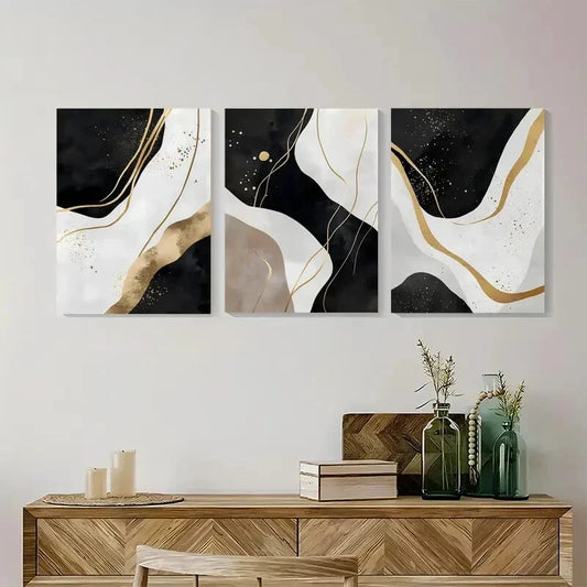 3pcs Black White Golden Abstract Prints Metal Print Ready to Hang Art