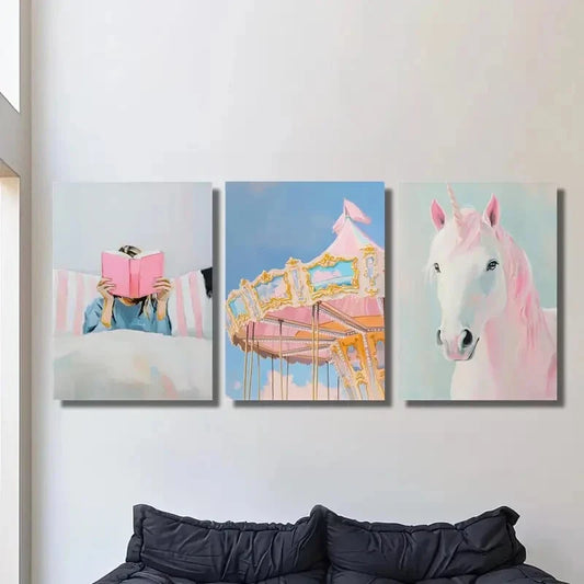3pcs Reading Pink Books, Pastel Carousel, Metal Print Ready to Hang Art