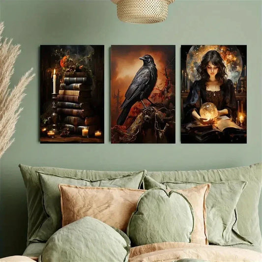 3pcs Raven Gothic frescoes Metal Print Ready to Hang Art