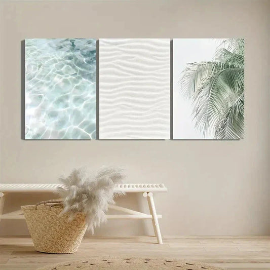 3pcs Neutral Beach Ocean Palm Trees Metal Print Ready to Hang Art