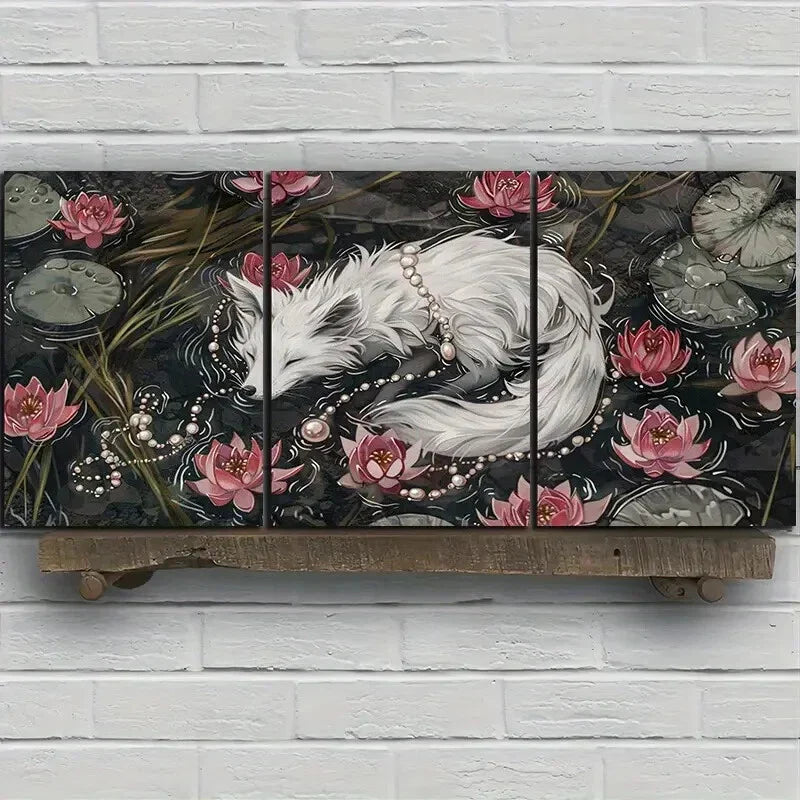 3pcs Elegant White Fox Nature Rose Flowers Metal Print Ready to Hang Art