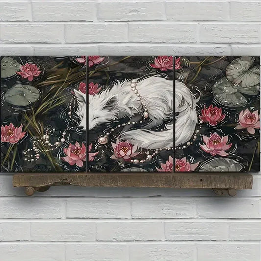 3pcs Elegant White Fox Nature Rose Flowers Metal Print Ready to Hang Art