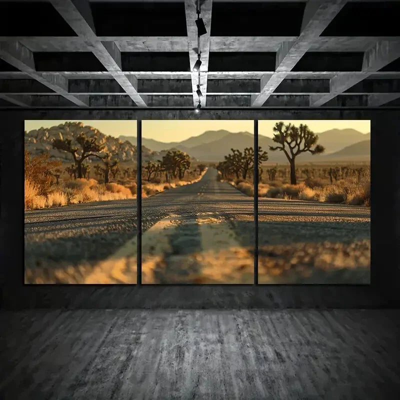 3pcs Park Empty Road Mountain Big Trees Metal Print Ready to Hang Art