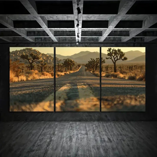 3pcs Park Empty Road Mountain Big Trees Metal Print Ready to Hang Art