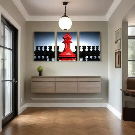 3pcs  Black and Red King and Knight Chess Pictures Metal Print Ready to Hang Art