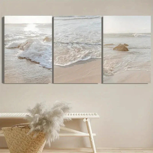 3pcs   minimalism, modern art, beach and waves Metal Print Ready to Hang Art