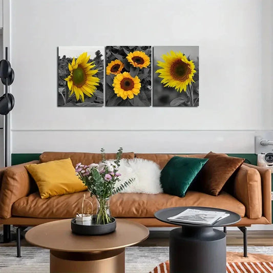 3pcs Black And White Background Sunflowers Metal Print Ready to Hang Art