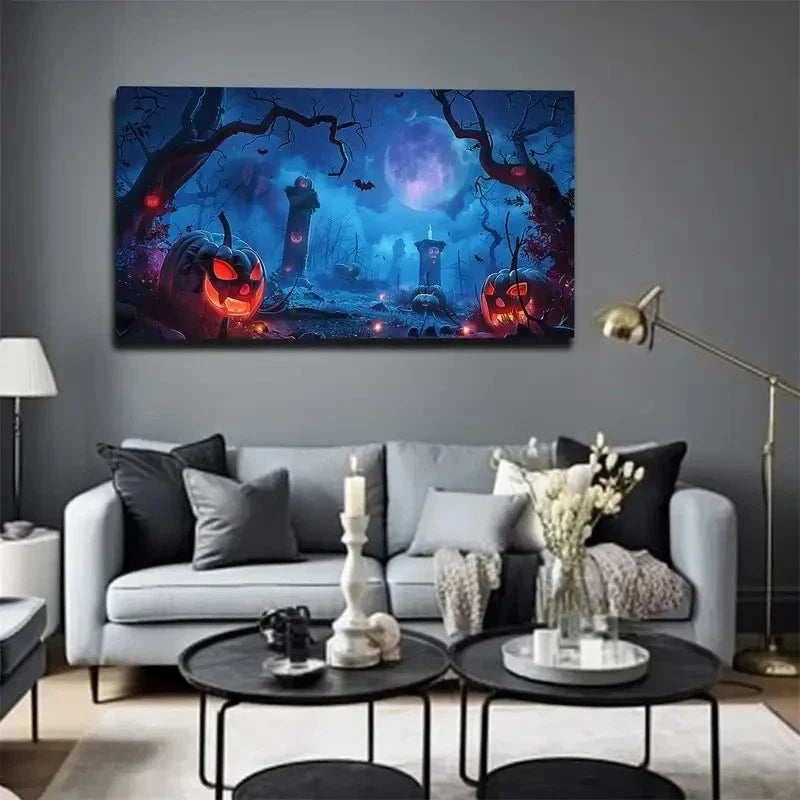 Castle & Graveyard Night Scene Wall Art Canvas Office Home Room Framed 80x45cm