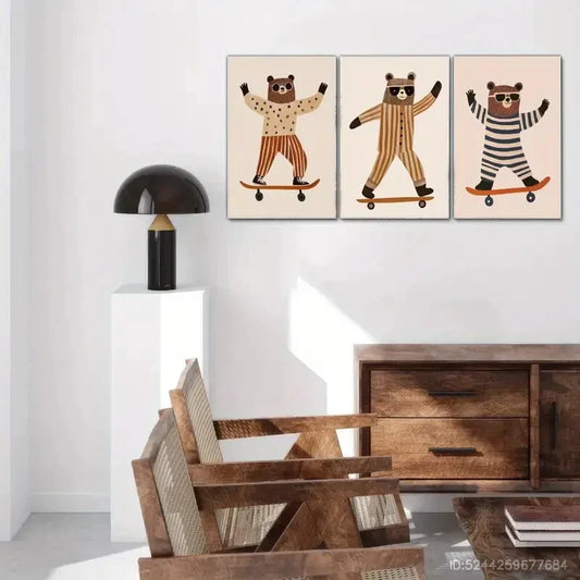 3pcs Fun Bear Mural Animal Portrait Art Poster Metal Print Ready to Hang Art