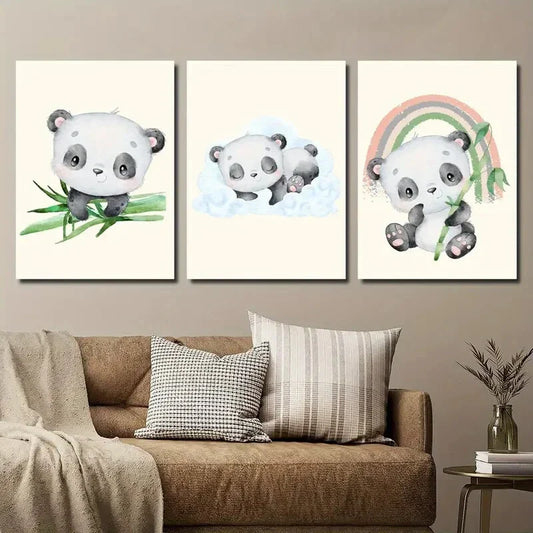 3pcs Bamboo Sleeping Panda Cute Animal Metal Print Ready to Hang Art