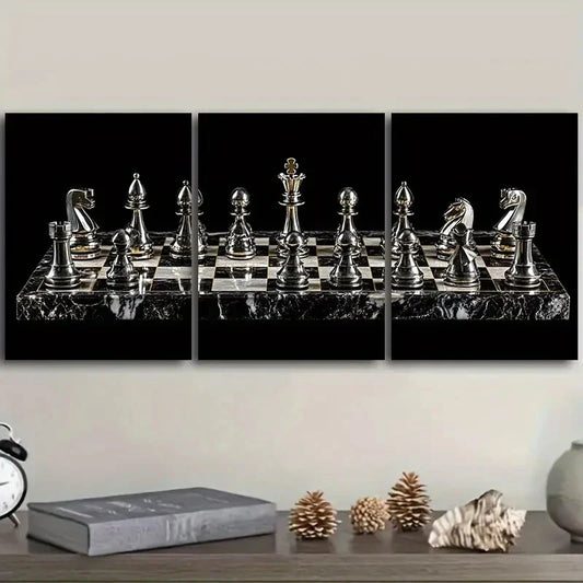 3pcs A chess board with Silvery pieces on it Metal Print Ready to Hang Art