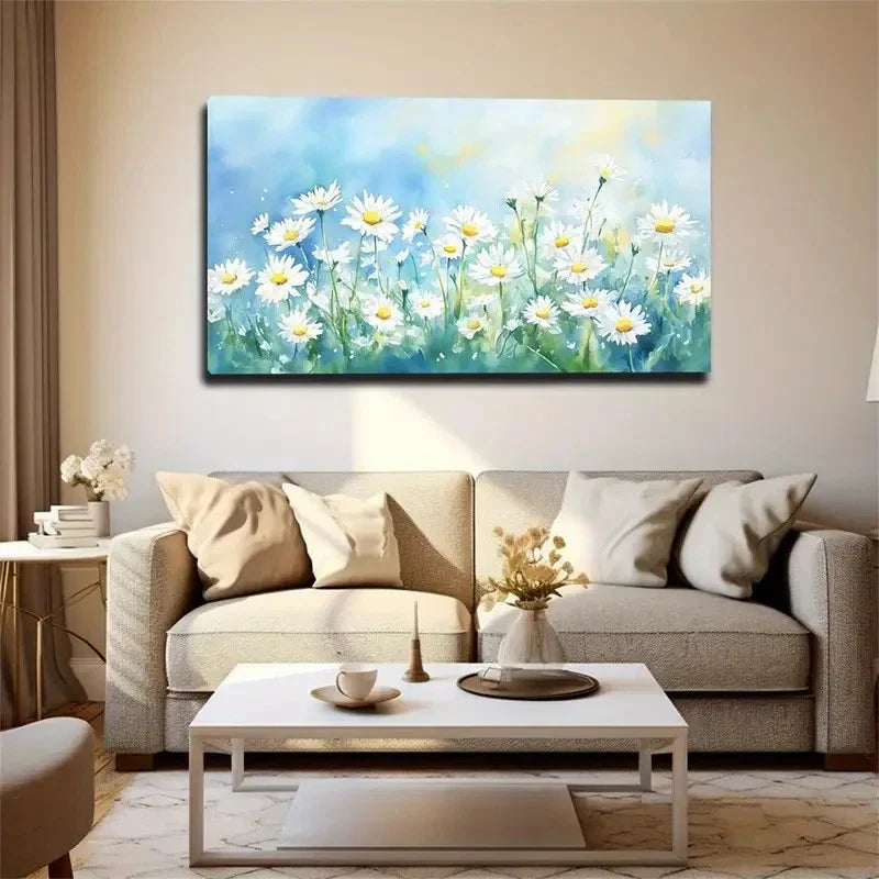 White Daisies In Pastel Blue & Wall Art Canvas Office Home Room Framed 120x60cm