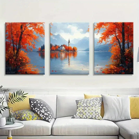 3pcs Vibrant Orange Trees Mountain Backdrop Metal Print Ready to Hang Art