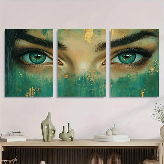 3pcs Vibrant Blue Eyes Golden Accents Metal Print Ready to Hang Art