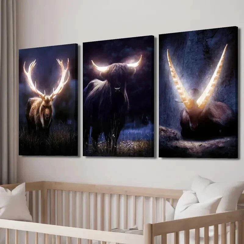 3pcs Stunning Horned Creatures in Dark Forest Wall Art Set Canvas Framed 40x60cm - High Quality Print 100% Australian Made Wall Canvas Ready to Hang