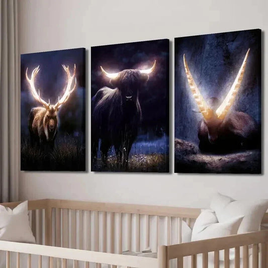 3pcs Stunning Horned Creatures in Dark Forest Wall Art Set Canvas Framed 40x60cm - High Quality Print 100% Australian Made Wall Canvas Ready to Hang
