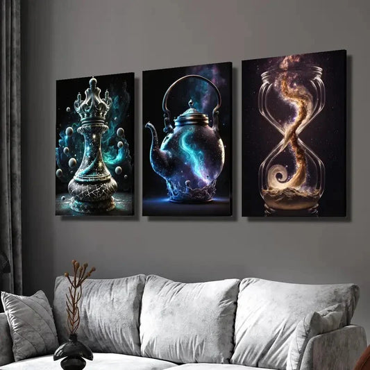 3pcs Fantasy art, magic container chess, teapot Wall Art Set Canvas Framed 40x60cm - High Quality Print 100% Australian Made Wall Canvas Ready to Hang