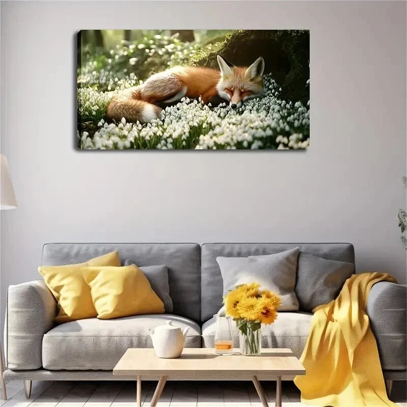 Fox Sleeping Among Flowers Wall Art Canvas Office Home Room Framed 120x60cm