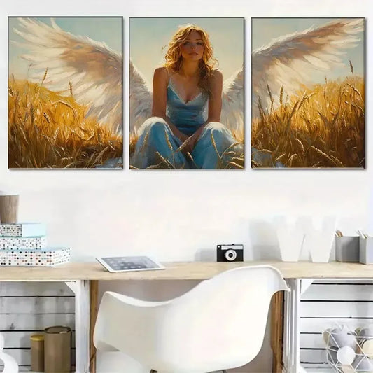 3pcs Graceful Angel in Wheat Field Triptych  Wall Art Set Canvas Framed 40x60cm - High Quality Print 100% Australian Made Wall Canvas Ready to Hang