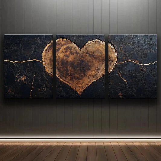 3pcs Abstract Brown Heart Black Themed Metal Print Ready to Hang Art