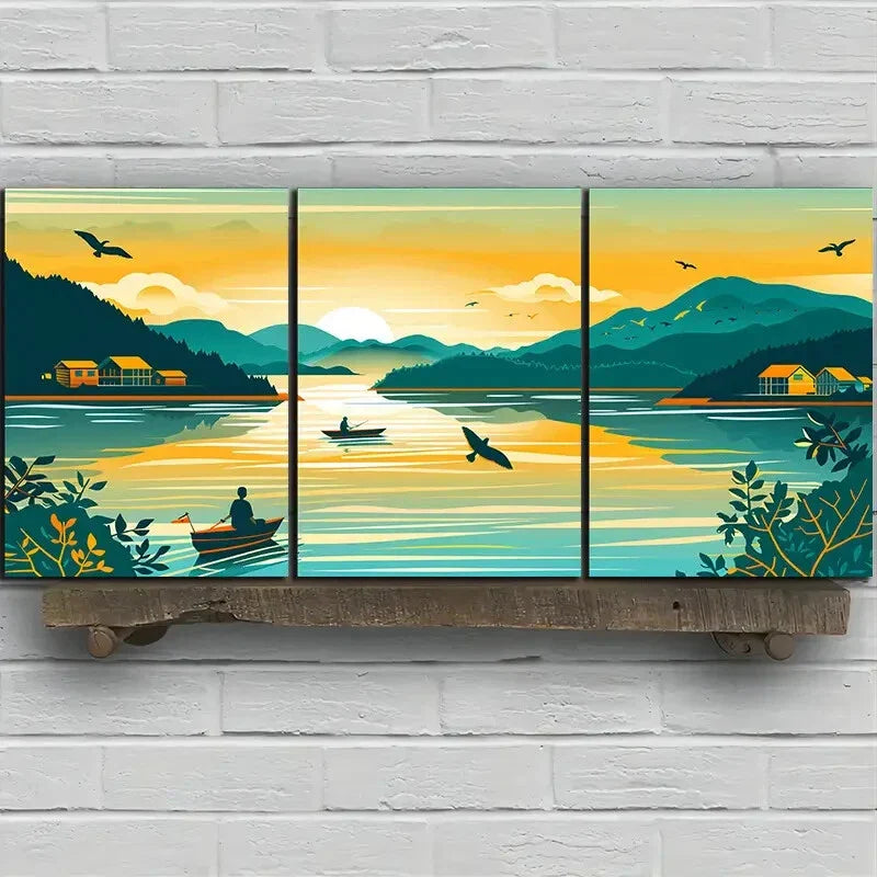 3pcs Fishing Boats Sea Sunrise Flying Bird Metal Print Ready to Hang Art