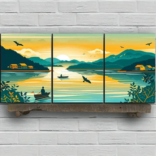 3pcs Fishing Boats Sea Sunrise Flying Bird Metal Print Ready to Hang Art