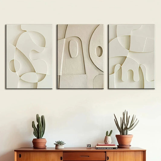 3pcs Abstract White & Beige Modern Design Metal Print Ready to Hang Art