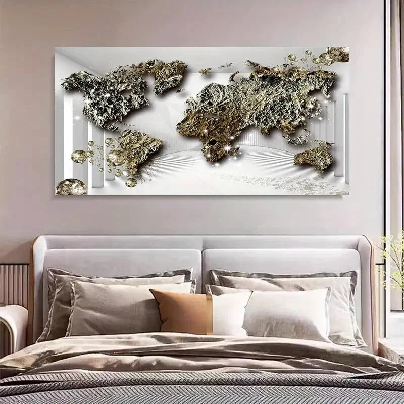 Golden World Map Modern Wall Art Canvas Office Home Room Framed 120x60cm