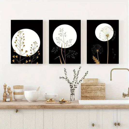 3pcs Black Golden Modern Botanical Metal Print Ready to Hang Art
