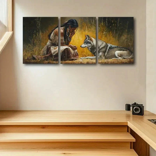 3pcs Wolf and Woman Design Metal Print Ready to Hang Art