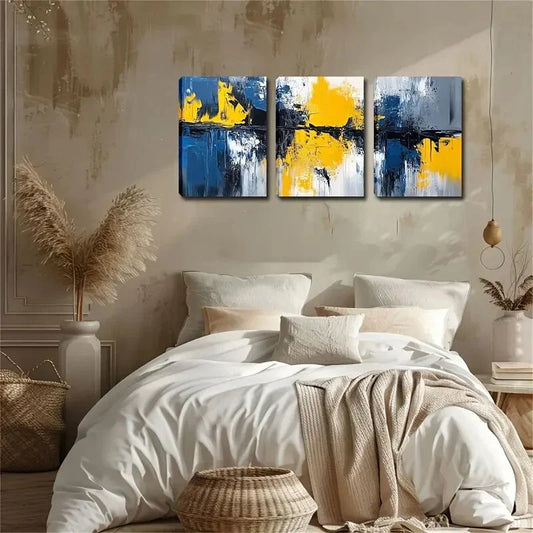3pcs Vibrant Blue & Yellow Abstract Paintings Metal Print Ready to Hang Art