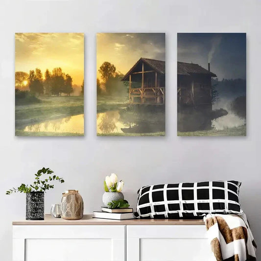 3pcs Tranquil Morning Landscape Metal Print Ready to Hang Art