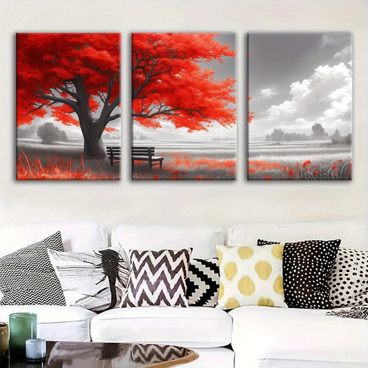 3pcs Vibrant Red Tree Modern Nature Metal Print Ready to Hang Art
