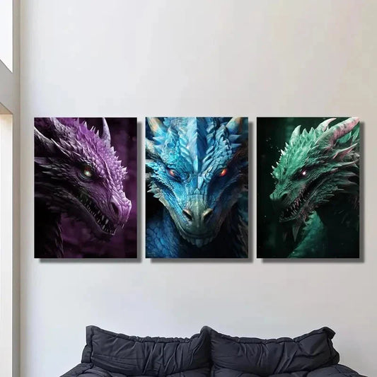 3pcs Vibrant Dragon Portraits in Purple, Blue Metal Print Ready to Hang Art