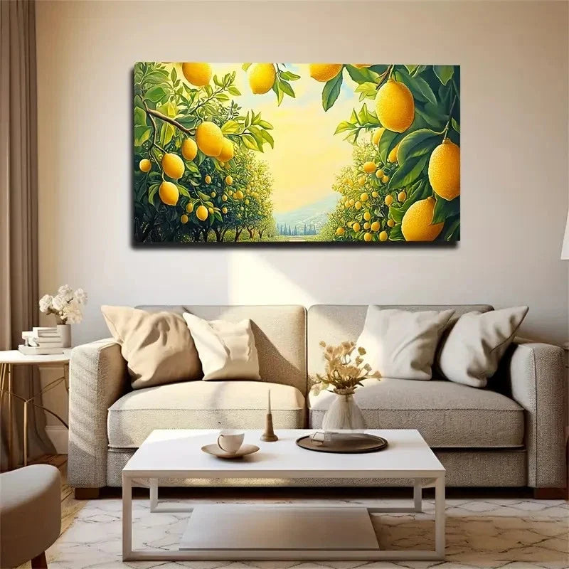 Vibrant Lemon Orchard Deco Wall Art Canvas Office Home Room Framed 120x60cm