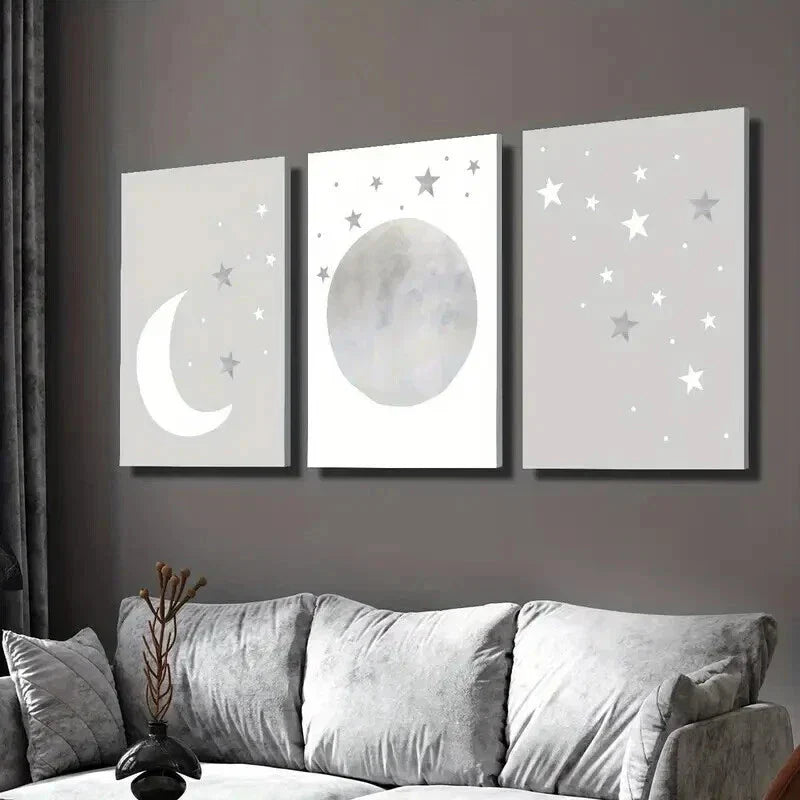 3pcs Neutral Gray Moon and Stars Wall Art Set Canvas Framed 40x60cm - High Quality Print 100% Australian Made Wall Canvas Ready to Hang
