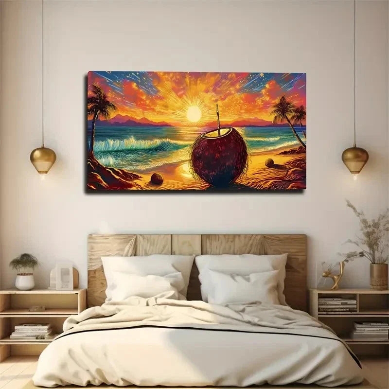 Vibrant Ocean & Palm Tree Wall Art Canvas Office Home Room Framed 80x45cm