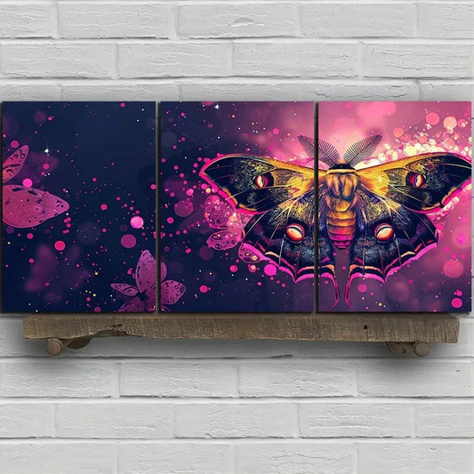 3pcs Beautiful Fluffy Moth Colourful Metal Print Ready to Hang Art