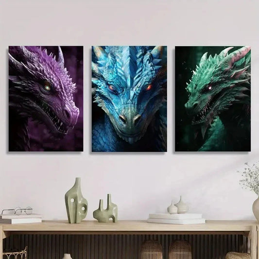 3pcs Vivid Dragon Purple, Blue And Green Metal Print Ready to Hang Art