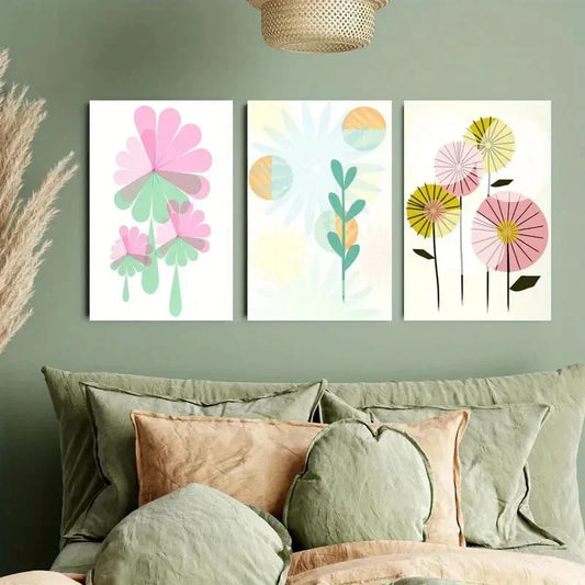 3pcs Retro-Style Abstract Flowers Metal Print Ready to Hang Art