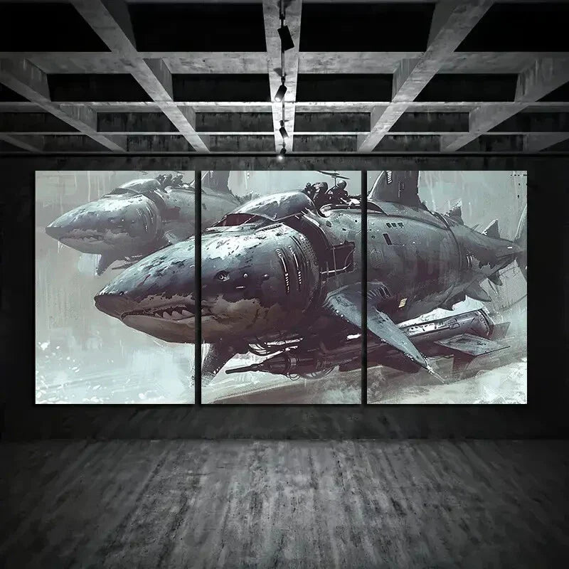 3pcs Two Mechanical Shark Black Metal Print Ready to Hang Art