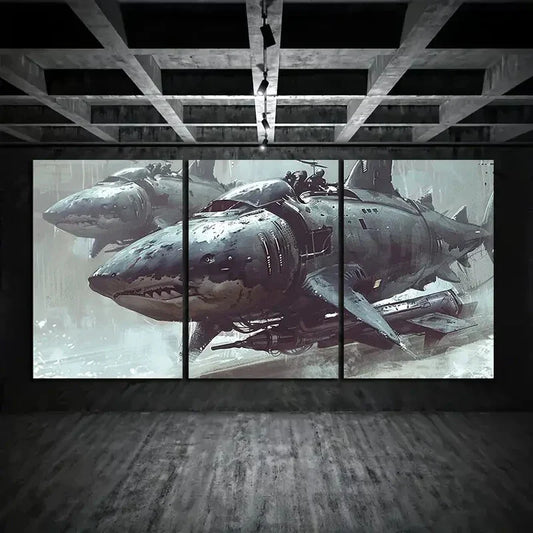 3pcs Two Mechanical Shark Black Metal Print Ready to Hang Art