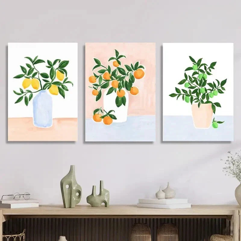 3pcs Lime Tree in Vase, Watercolor Plant  Metal Print Ready to Hang Art
