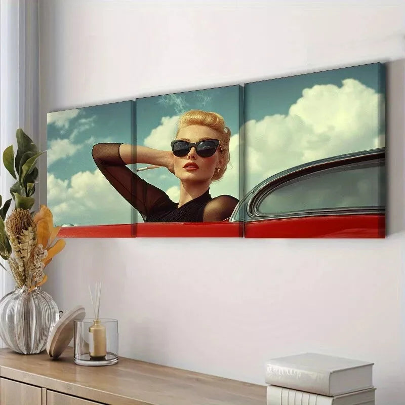 3pcs Woman in black sunglass leaning on a car  Wall Art Set Canvas Framed 40x60cm - High Quality Print 100% Australian Made Wall Canvas Ready to Hang