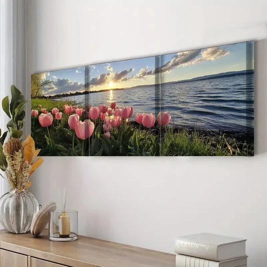 3pcs Tulip Sunset Scene Sun Colorful Perfect Wall Art Set Canvas Framed 40x60cm - High Quality Print 100% Australian Made Wall Canvas Ready to Hang