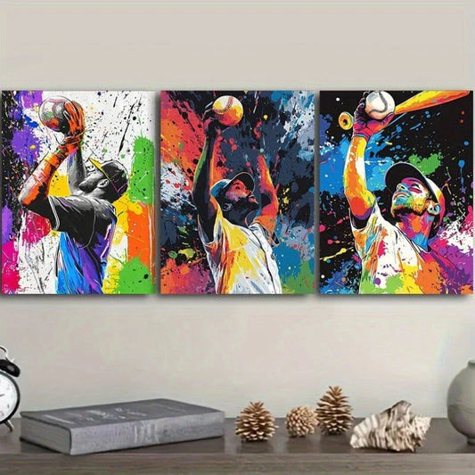3pcs Man Playing Basket Ball Colourful Painting Metal Print Ready to Hang Art