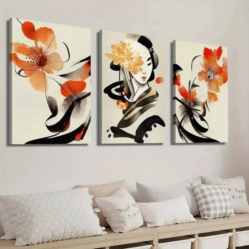 3pcs Ancient Style Woman and Flowers Wall Art Set Canvas Framed 40x60cm - High Quality Print 100% Australian Made Wall Canvas Ready to Hang