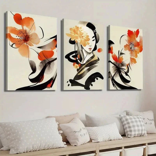 3pcs Ancient Style Woman and Flowers Wall Art Set Canvas Framed 40x60cm - High Quality Print 100% Australian Made Wall Canvas Ready to Hang